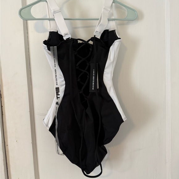 Ta3 Other - Black and White Lace-Up One-Piece Swimsuit with Contrast Panels